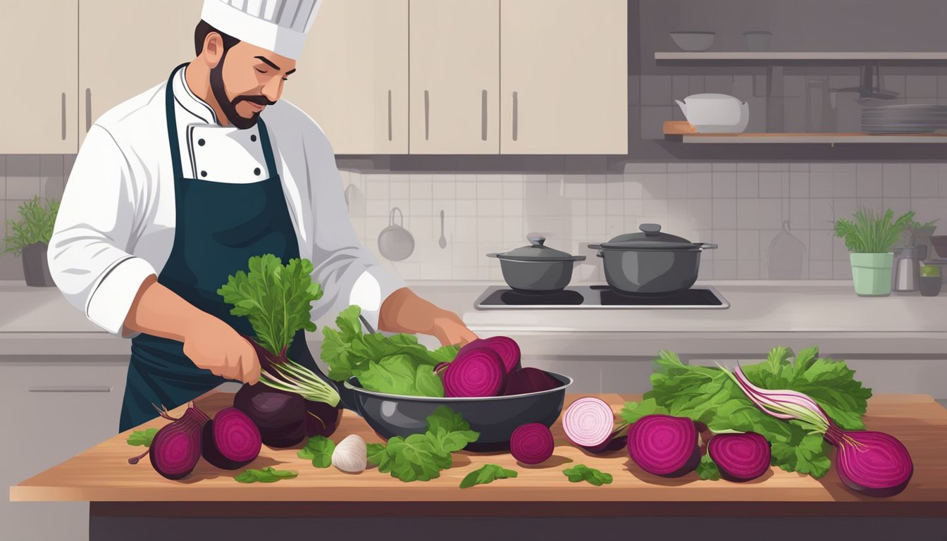 A chef slicing unripe beets, boiling them in a pot, and seasoning with herbs and spices