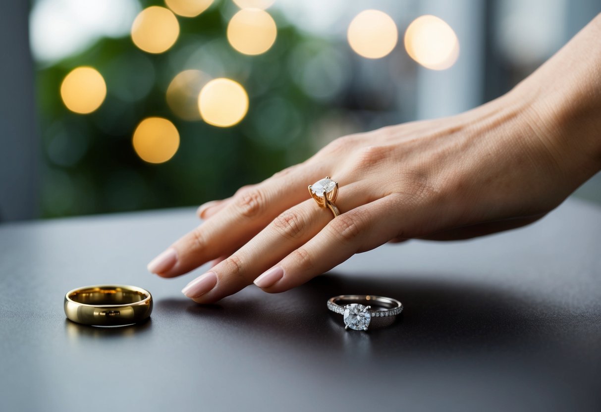 A woman's hand reaches for a yellow gold engagement ring, while a white gold ring sits untouched nearby