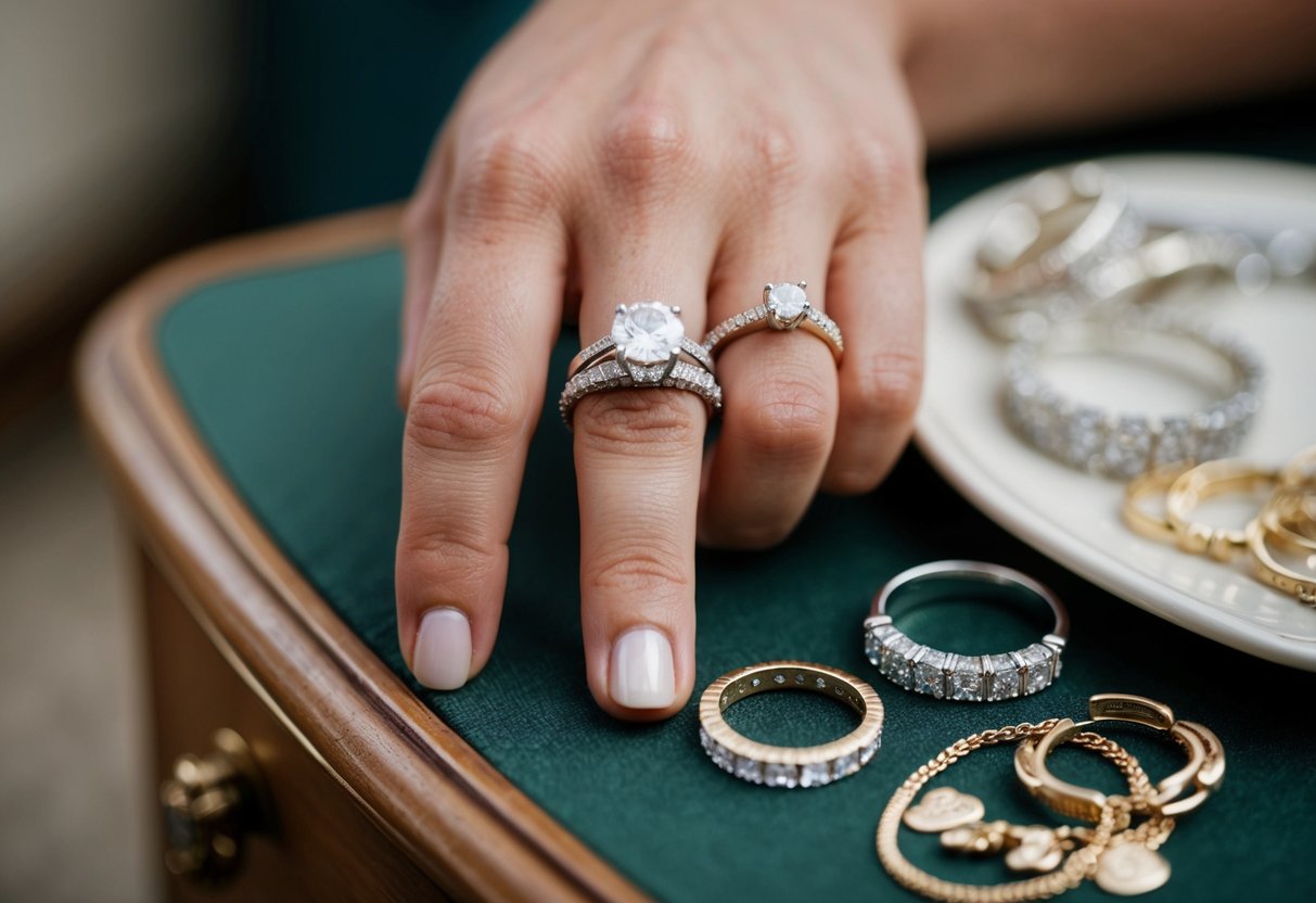 A wedding ring rests on a different finger, surrounded by other jewelry on a dresser or table
