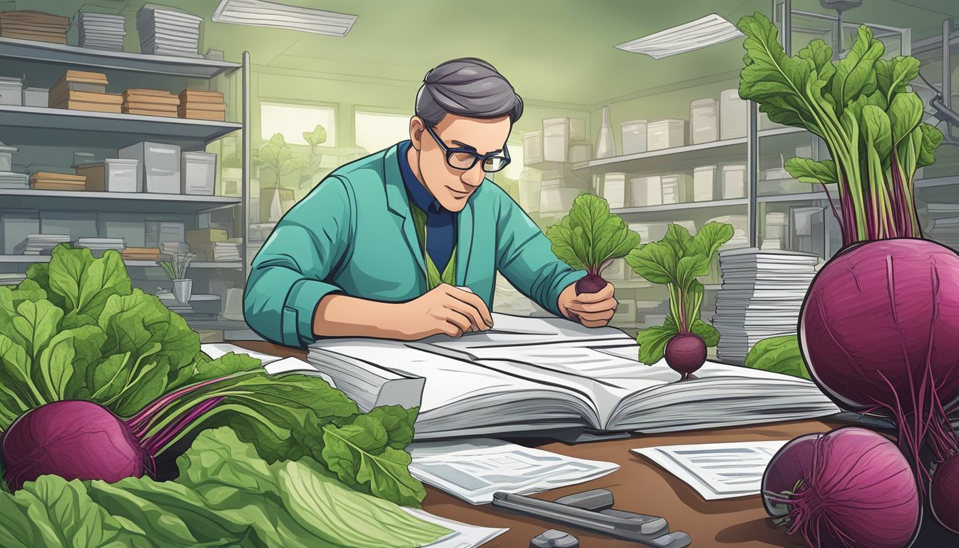 A scientist examines unripe beets under a microscope, surrounded by research papers and studies on the safety of consuming them