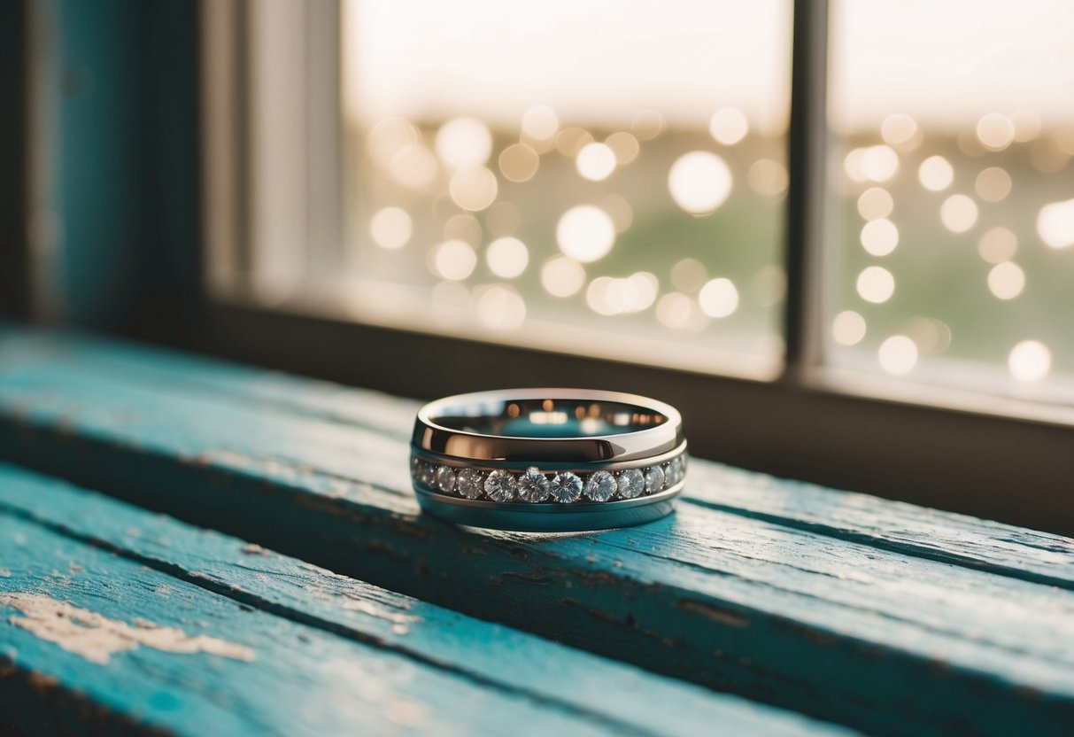 A wedding ring resting on a weathered wooden surface, surrounded by a soft glow of natural light filtering through a window
