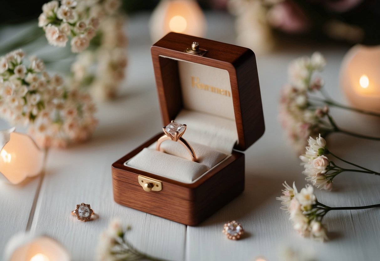 A handcrafted wooden jewelry box with an elegant rose gold engagement ring nestled inside, surrounded by soft, warm lighting and delicate floral accents