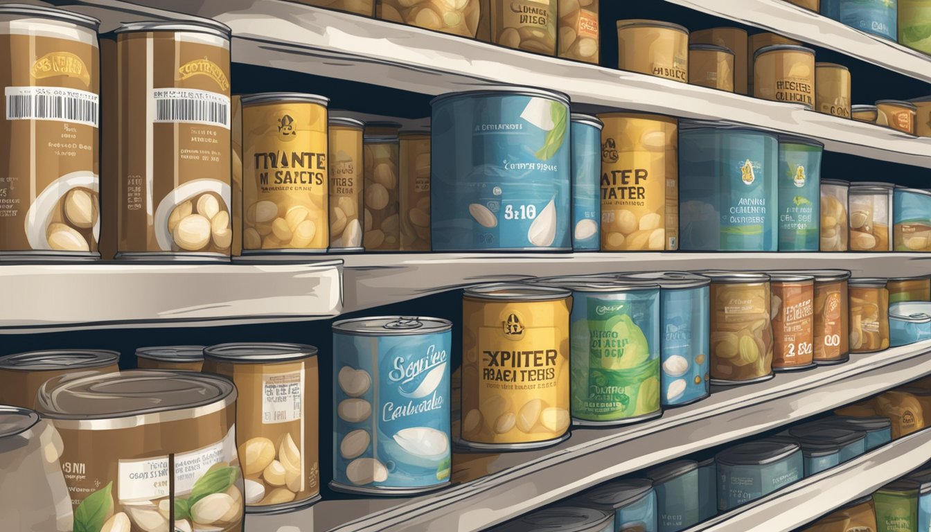 A can of water chestnuts with an expiration date clearly visible on the label, surrounded by other expired and non-expired canned goods on a pantry shelf