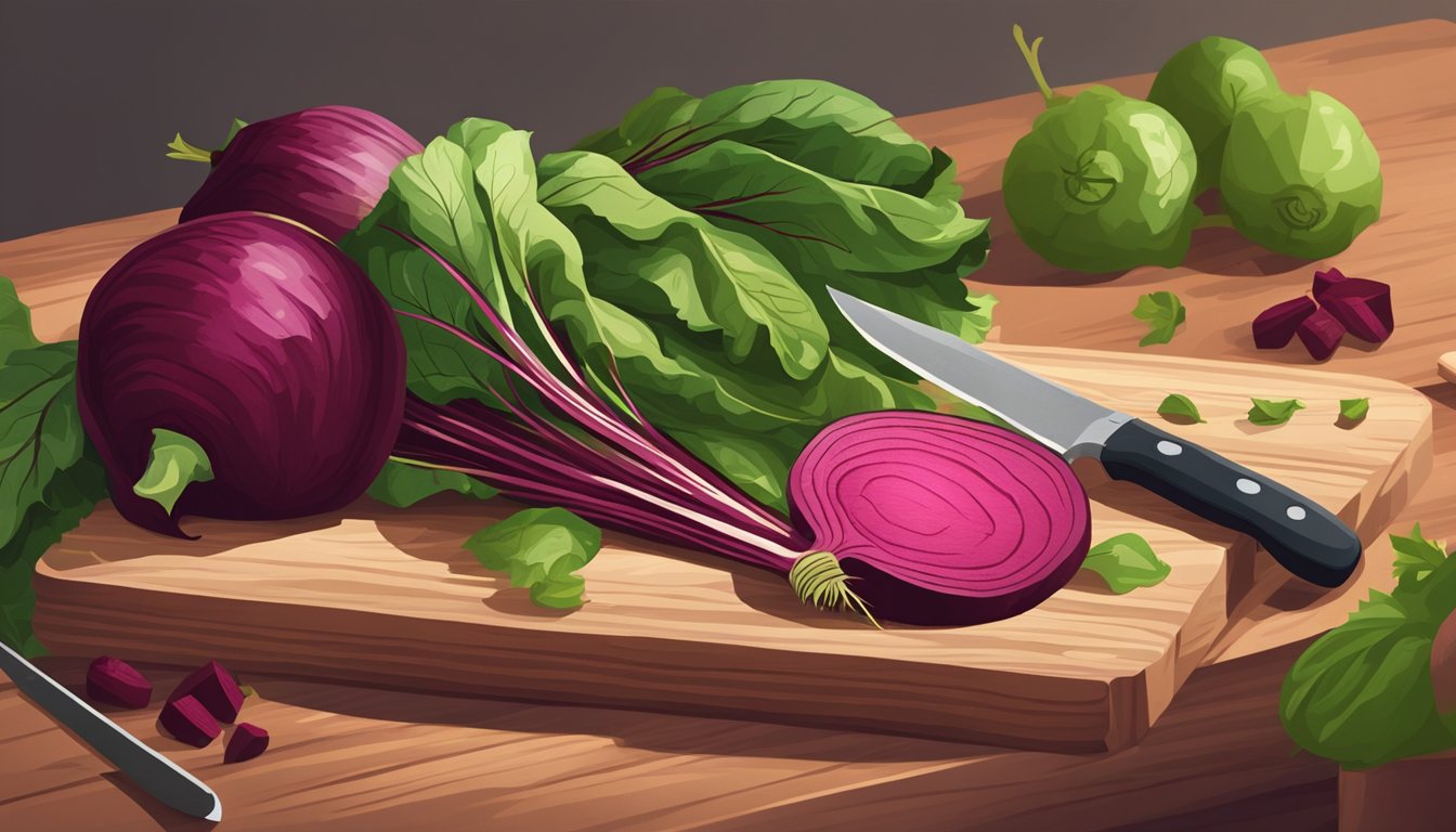 A pile of unripe beets on a wooden cutting board, with a knife nearby and a concerned expression on a person's face