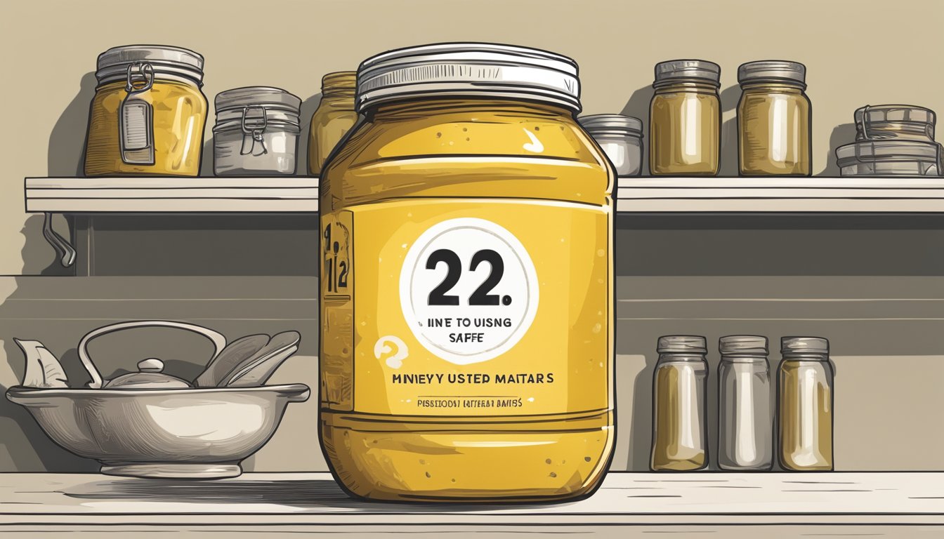 A jar of honey mustard sits on a kitchen shelf, past its expiration date. A question mark hovers above it, as if wondering if it's still safe to use