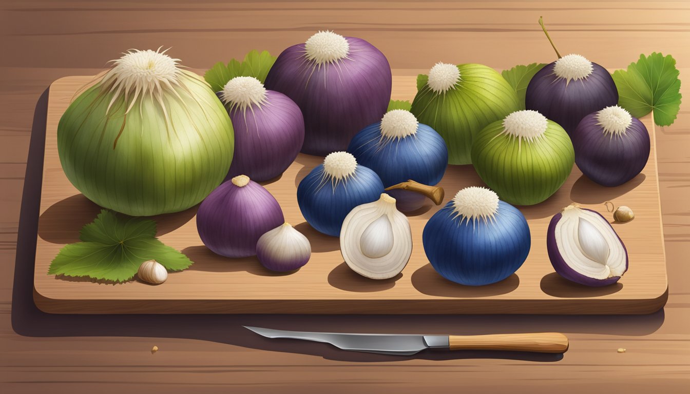 A variety of water chestnuts in different shapes and sizes, some fresh and others with signs of expiration, displayed on a wooden cutting board