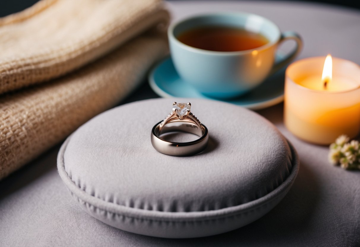 A wedding ring resting on a soft, cushioned surface, surrounded by symbols of security and tranquility such as a cozy blanket, a warm cup of tea, and a glowing candle