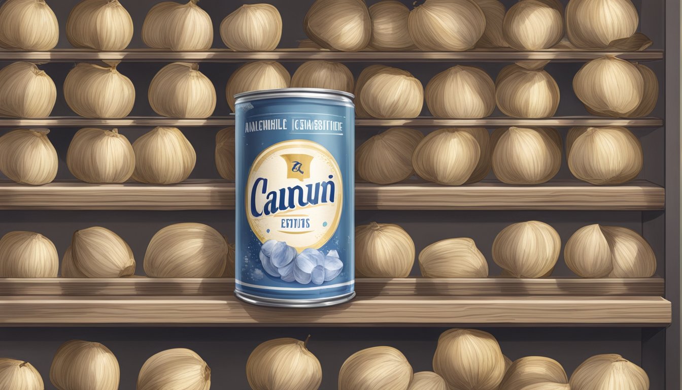 A can of water chestnuts with a faded expiration date sits on a dusty pantry shelf