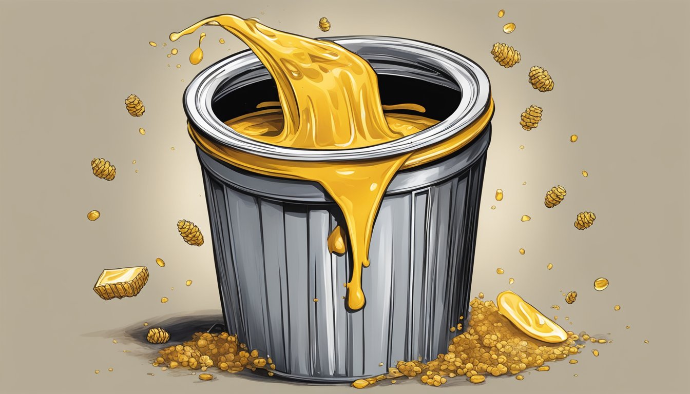 A jar of expired honey mustard being thrown into a trash can