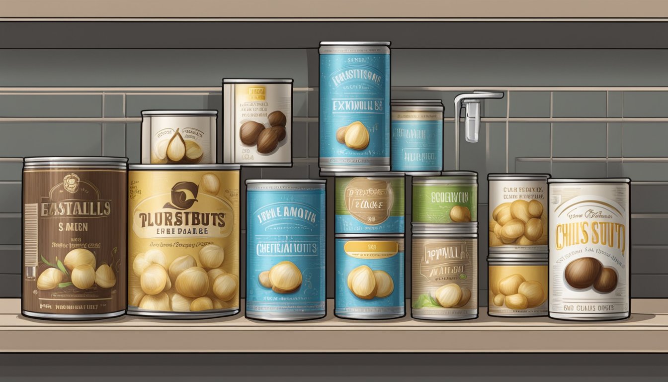 A pantry shelf with a can of water chestnuts, labeled with expiration date