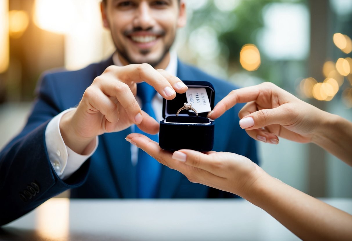 A man's hand holds out a ring box, while a woman's hand reaches for it eagerly. A price tag is visible on the box