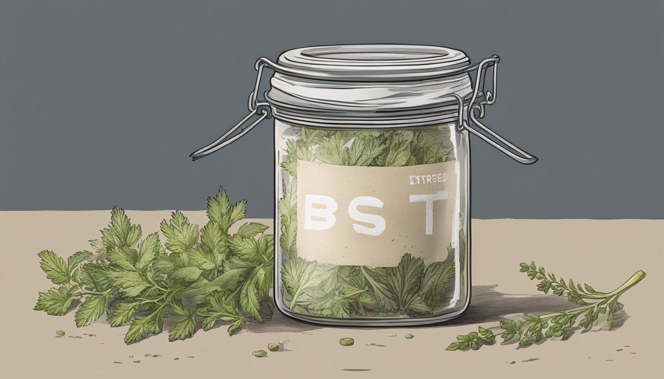 A jar of expired horseradish with a "best by" date clearly crossed out, surrounded by wilted herbs and discarded packaging