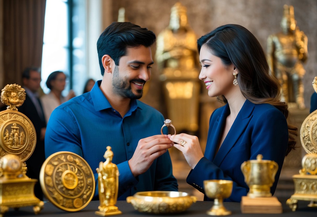 A man presenting an engagement ring to a woman, surrounded by historical artifacts and symbols of wealth and commitment