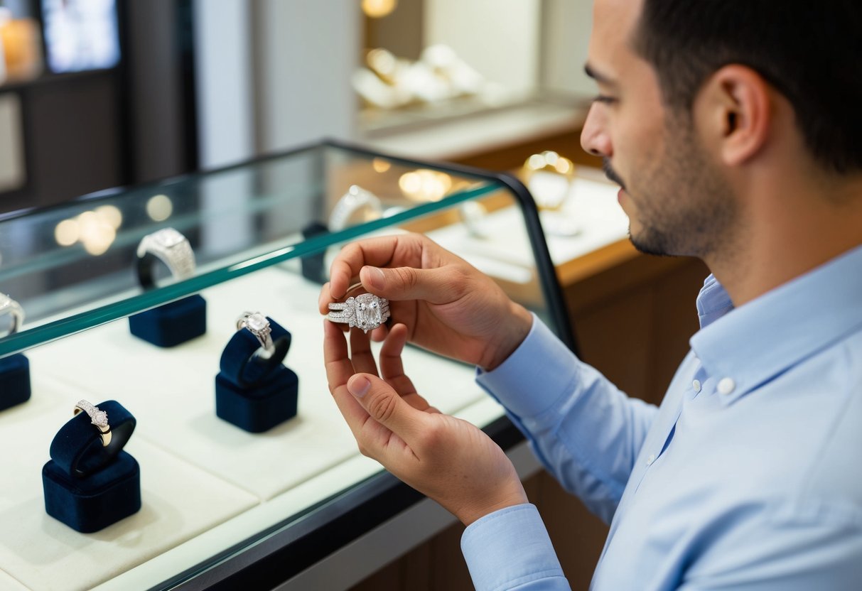 A man holding a wedding ring in a jewelry store, looking at different options displayed in the glass case