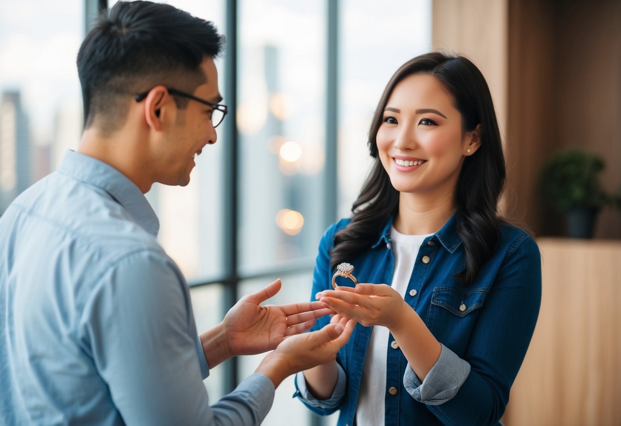 A person presenting an engagement ring to another person, with both individuals looking pleased and engaged in conversation