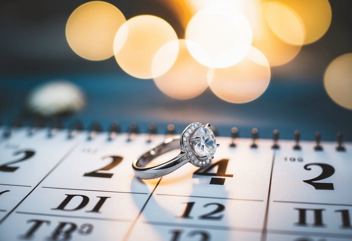 A wedding ring placed on a calendar, with three months highlighted