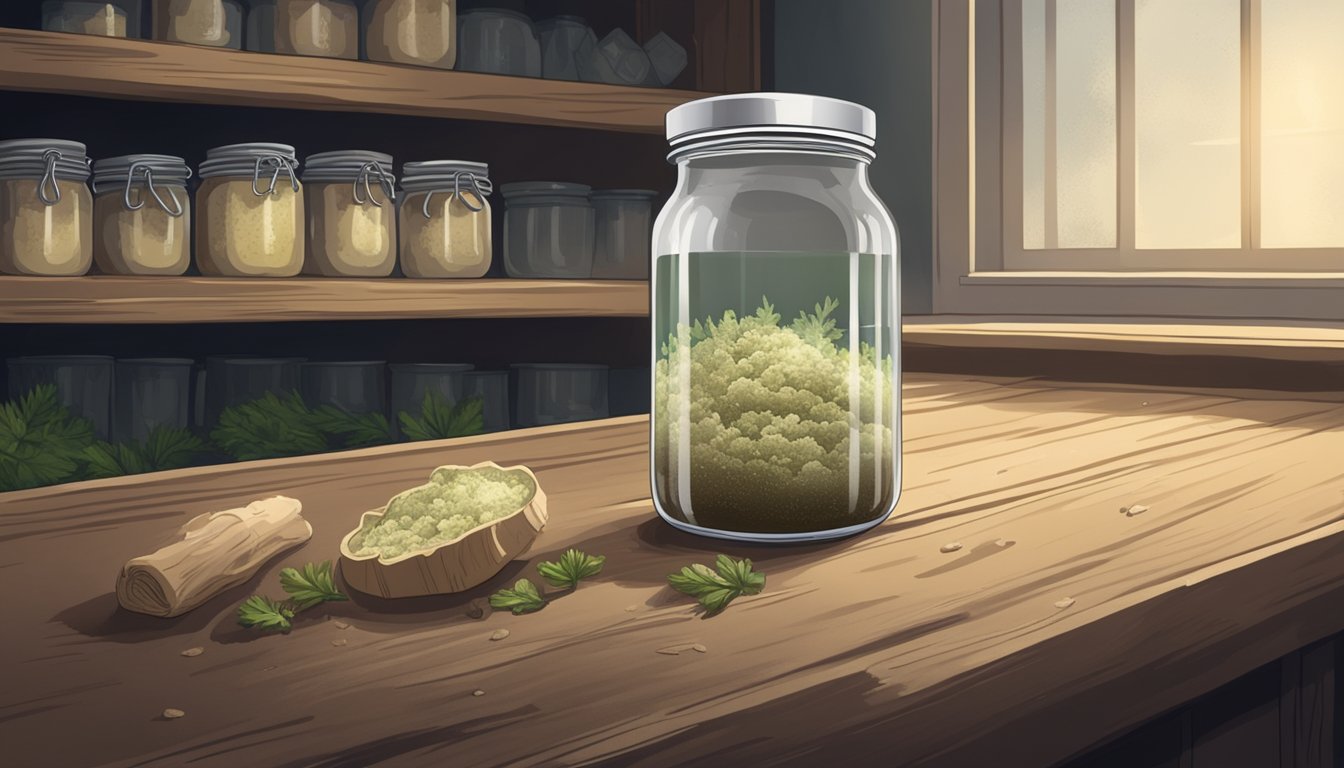 A jar of expired horseradish with mold growing on the surface, sitting on a dusty shelf in a dimly lit pantry