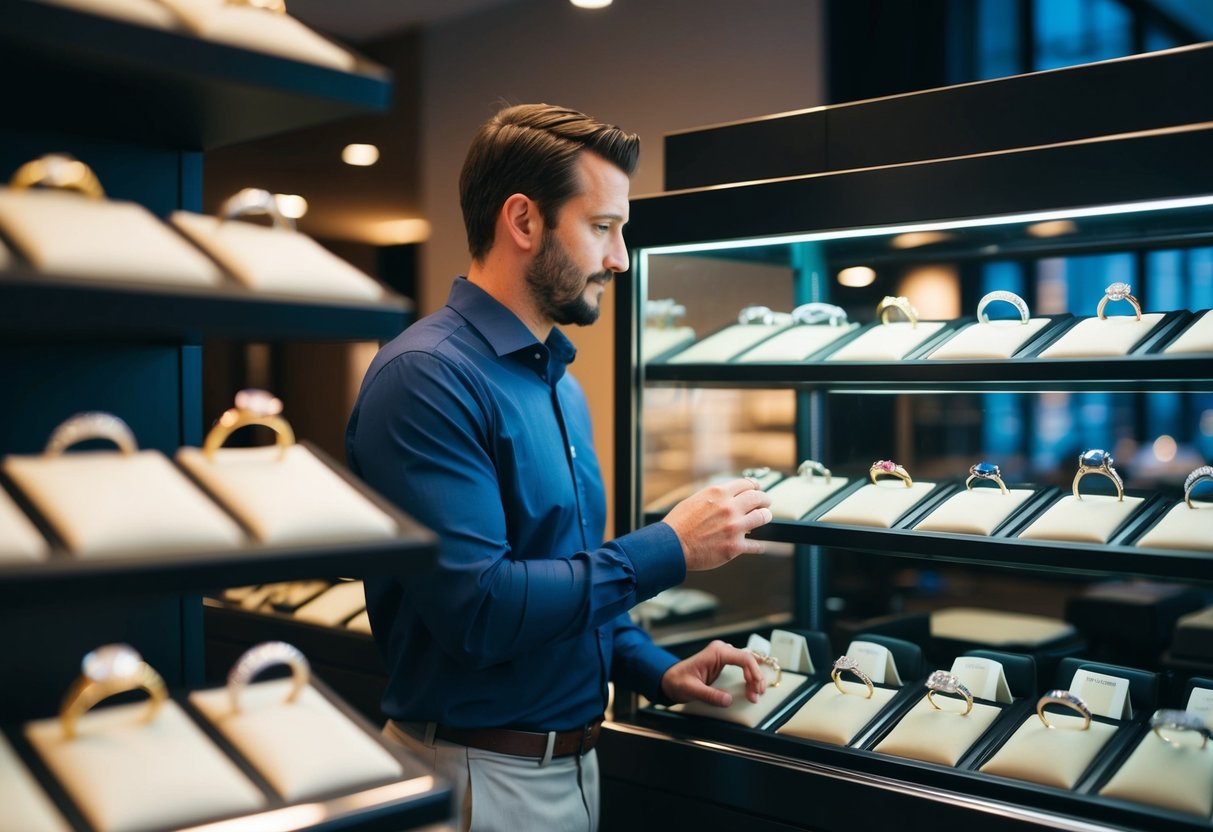 A man standing in front of a display case filled with wedding bands, looking at the different styles and prices