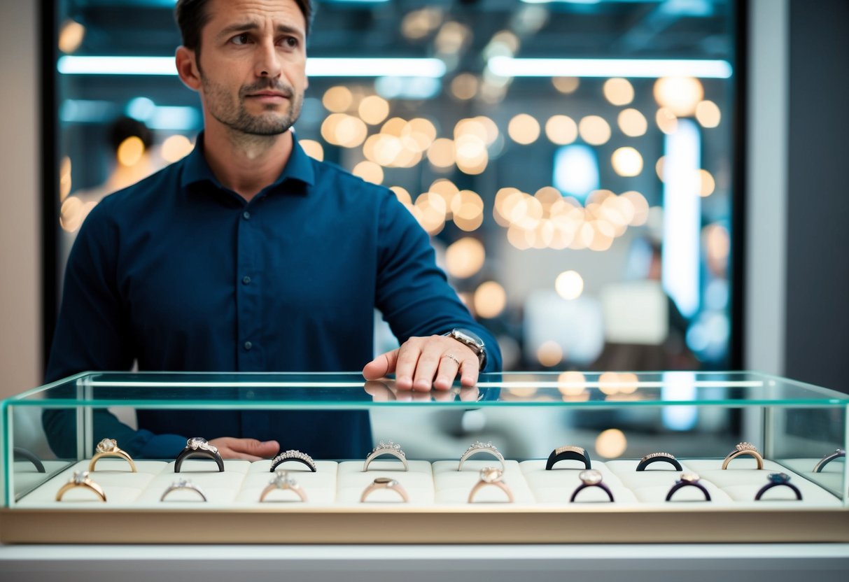 A man standing in front of a display case filled with wedding rings, looking contemplative and unsure