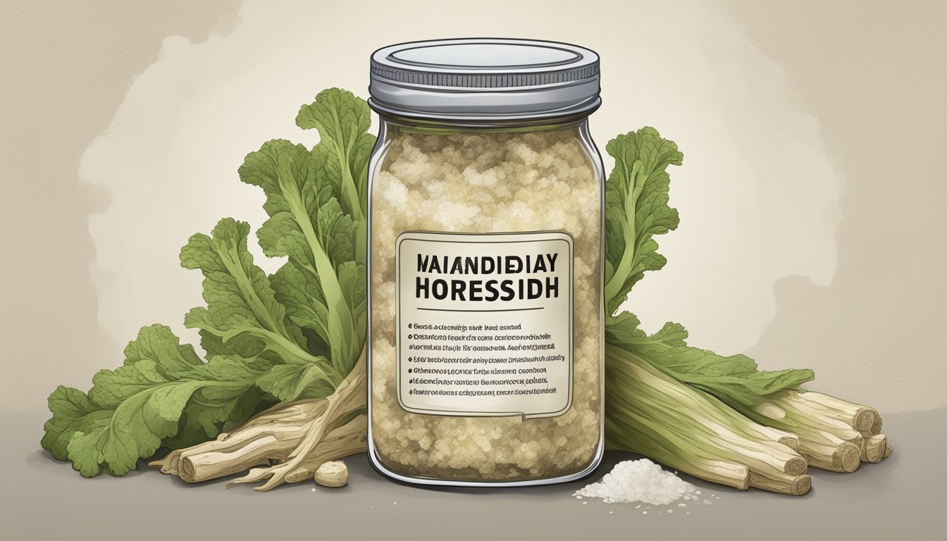 A jar of horseradish with a visibly discolored and moldy appearance, accompanied by a warning sign and a list of potential health risks