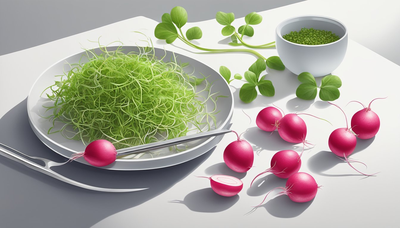 A plate of fresh radish sprouts on a clean, white surface with a pair of tongs nearby