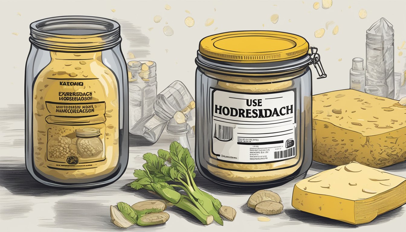 A jar of expired horseradish with a "use by" date past, surrounded by caution symbols and a warning label