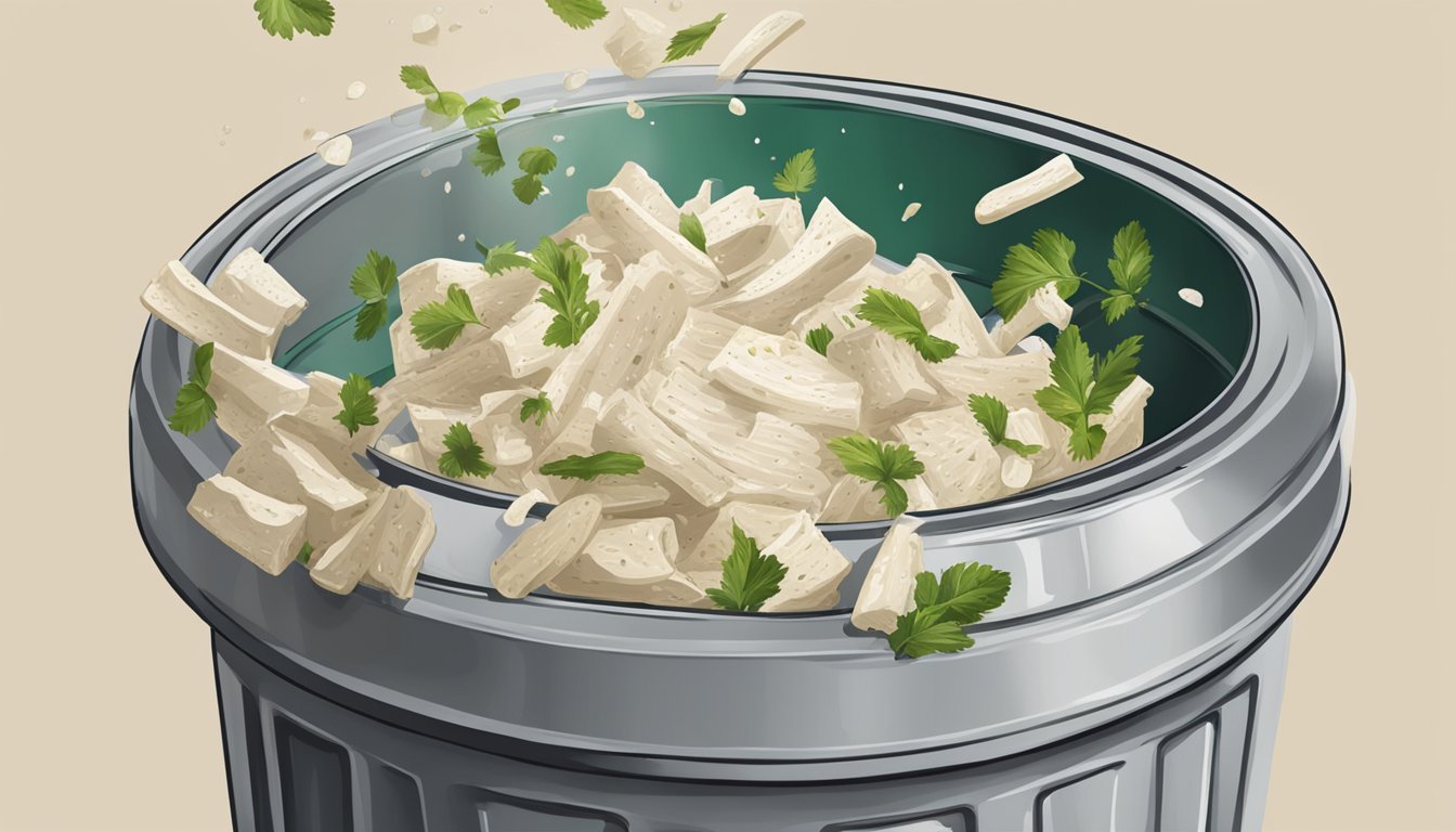 A jar of expired horseradish being thrown into a trash can