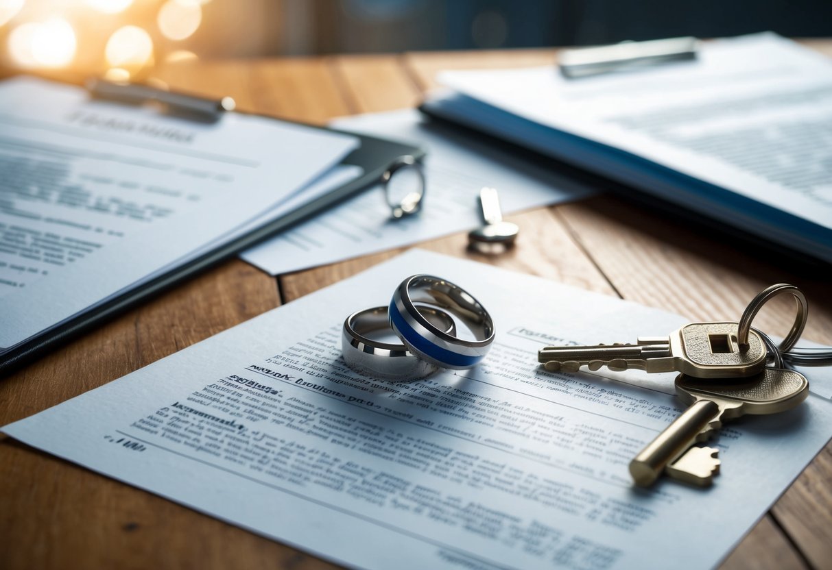 Two wedding rings lie discarded on a wooden table, surrounded by legal documents and a set of keys