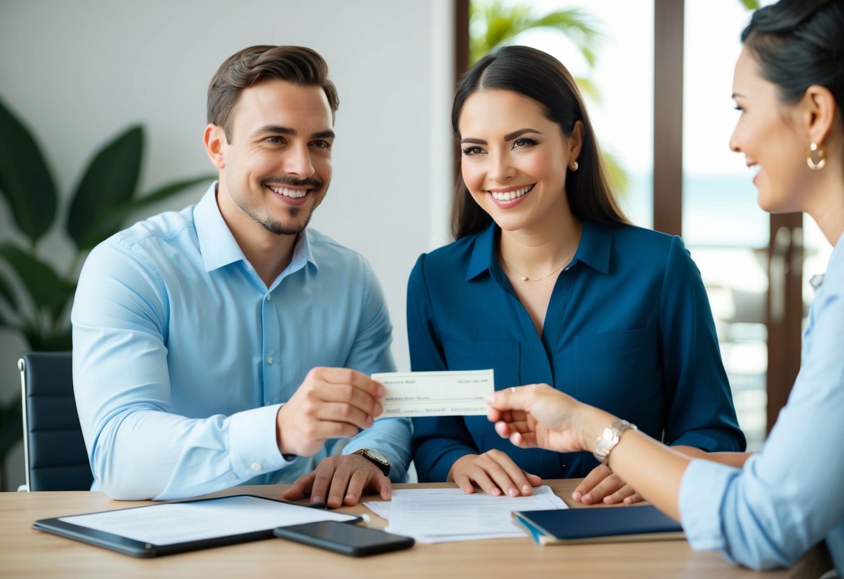 A smiling couple hands over a check to a travel agent, who is booking a tropical honeymoon