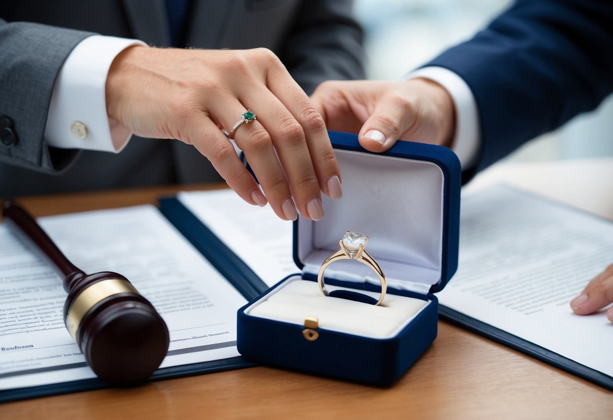 A wedding ring being placed inside a jewelry box, surrounded by legal documents and a gavel