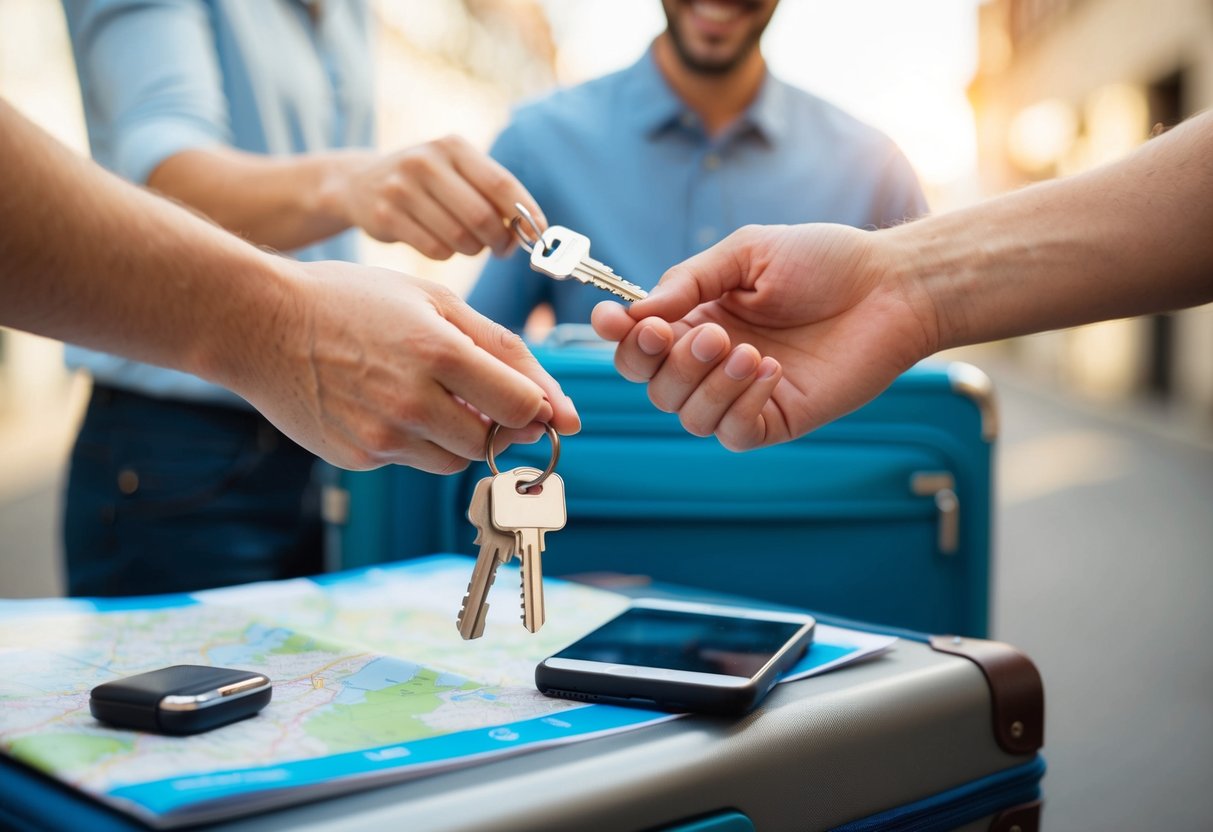 A couple's hands exchanging a set of keys, a map, and a travel brochure, with a suitcase in the background