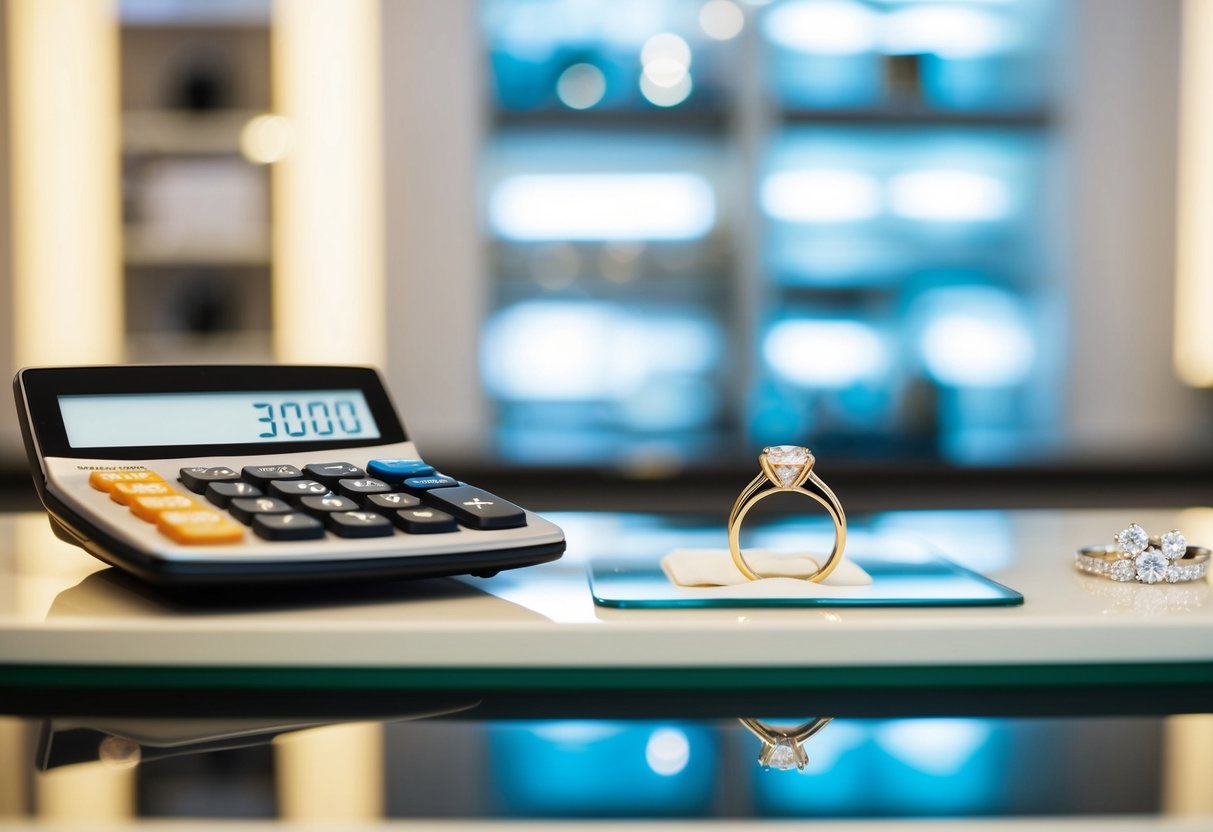 A jewelry store counter with a sparkling engagement ring and a calculator displaying three months' worth of salary