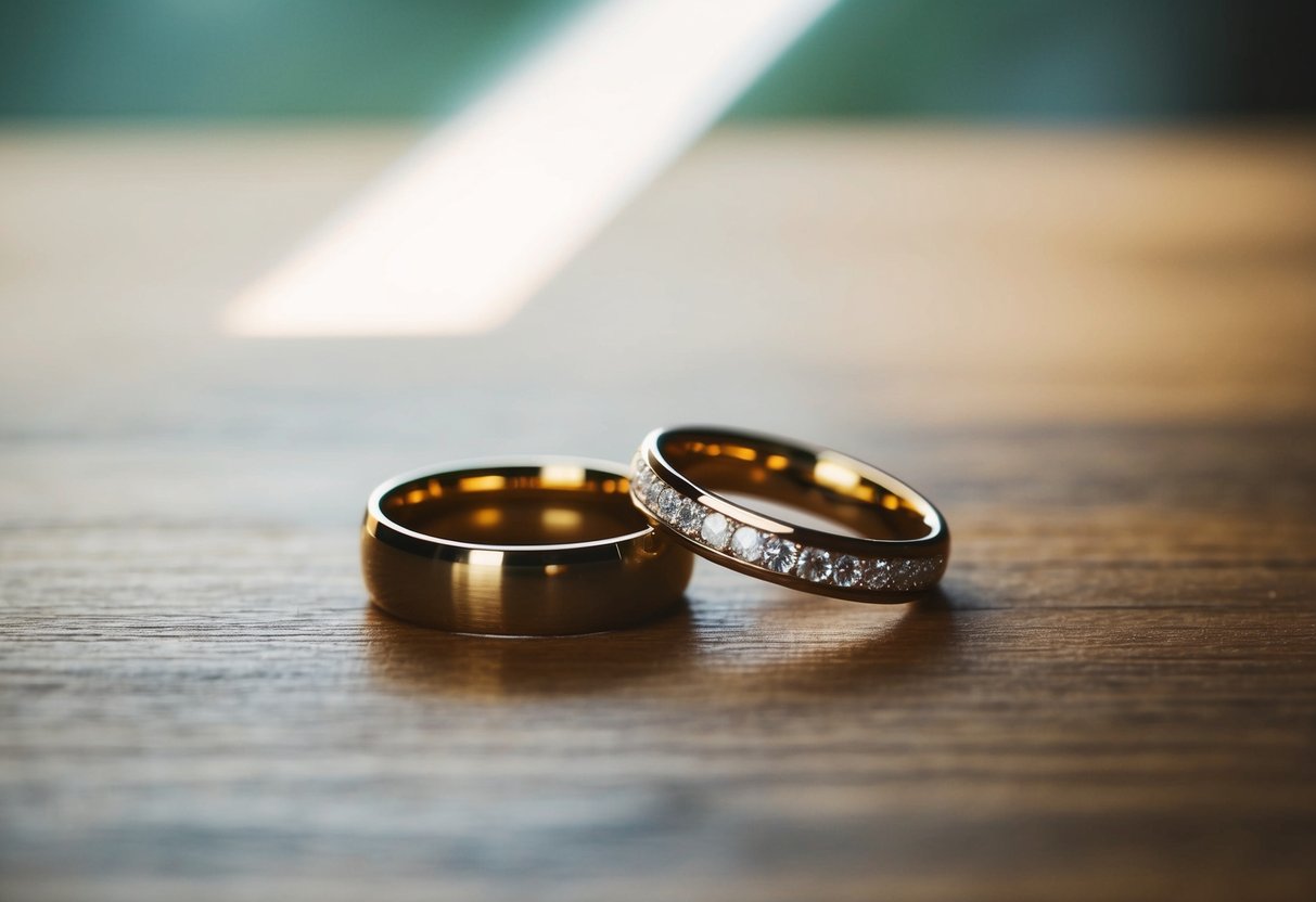 Two wedding rings lying on a wooden table, one placed neatly beside the other. A faint beam of sunlight illuminates the scene