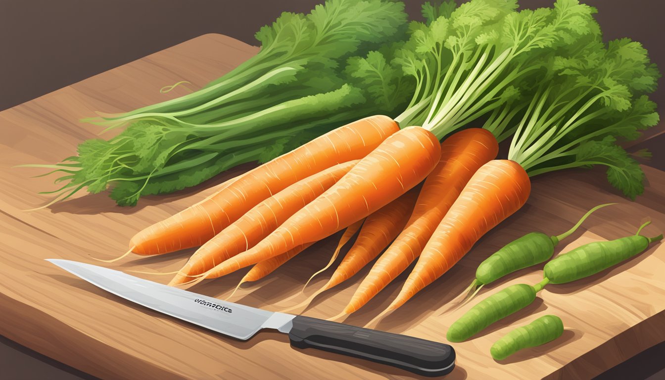 A vibrant bunch of unripe carrots, with bright orange and green hues, sitting on a wooden cutting board next to a sharp knife and a nutrition label