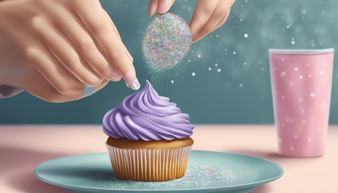 A person sprinkling edible glitter onto a frosted cupcake