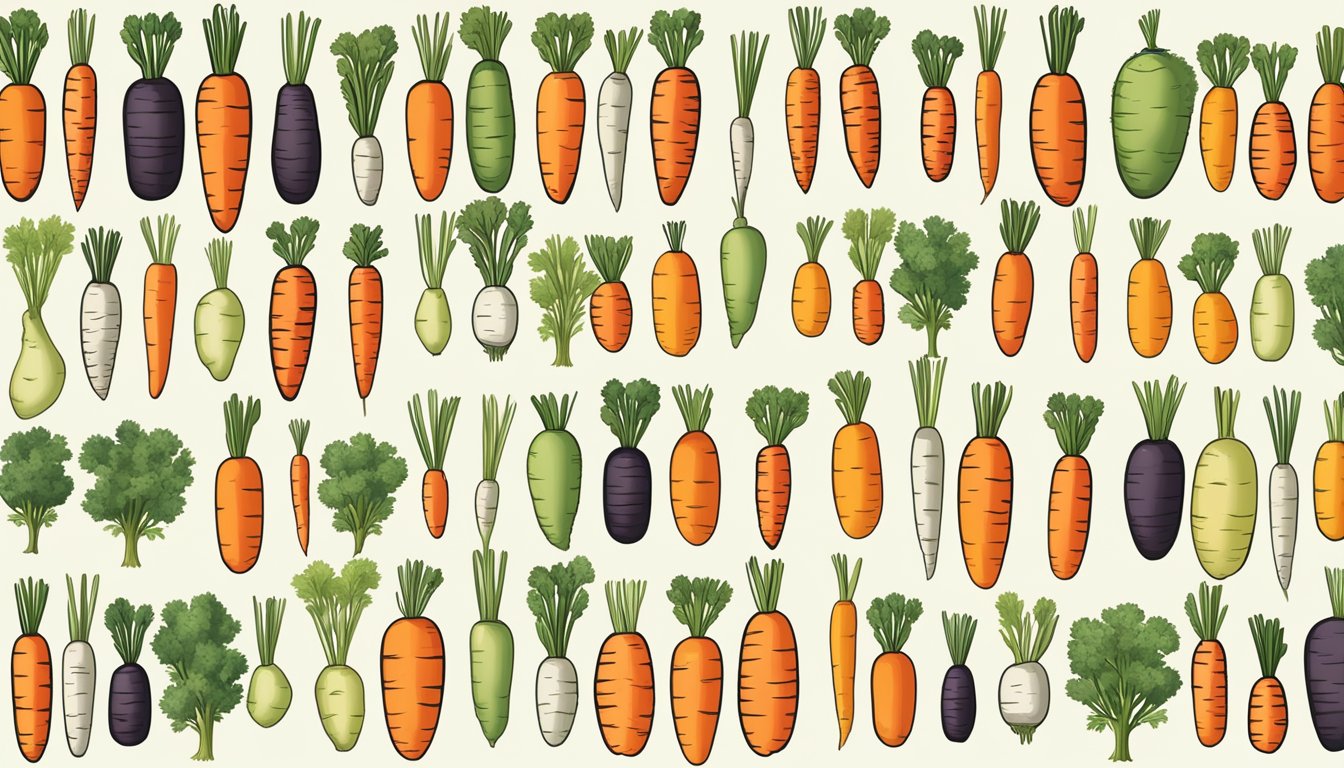 A variety of carrots in different stages of maturity and color, some ripe and vibrant, others still developing and pale