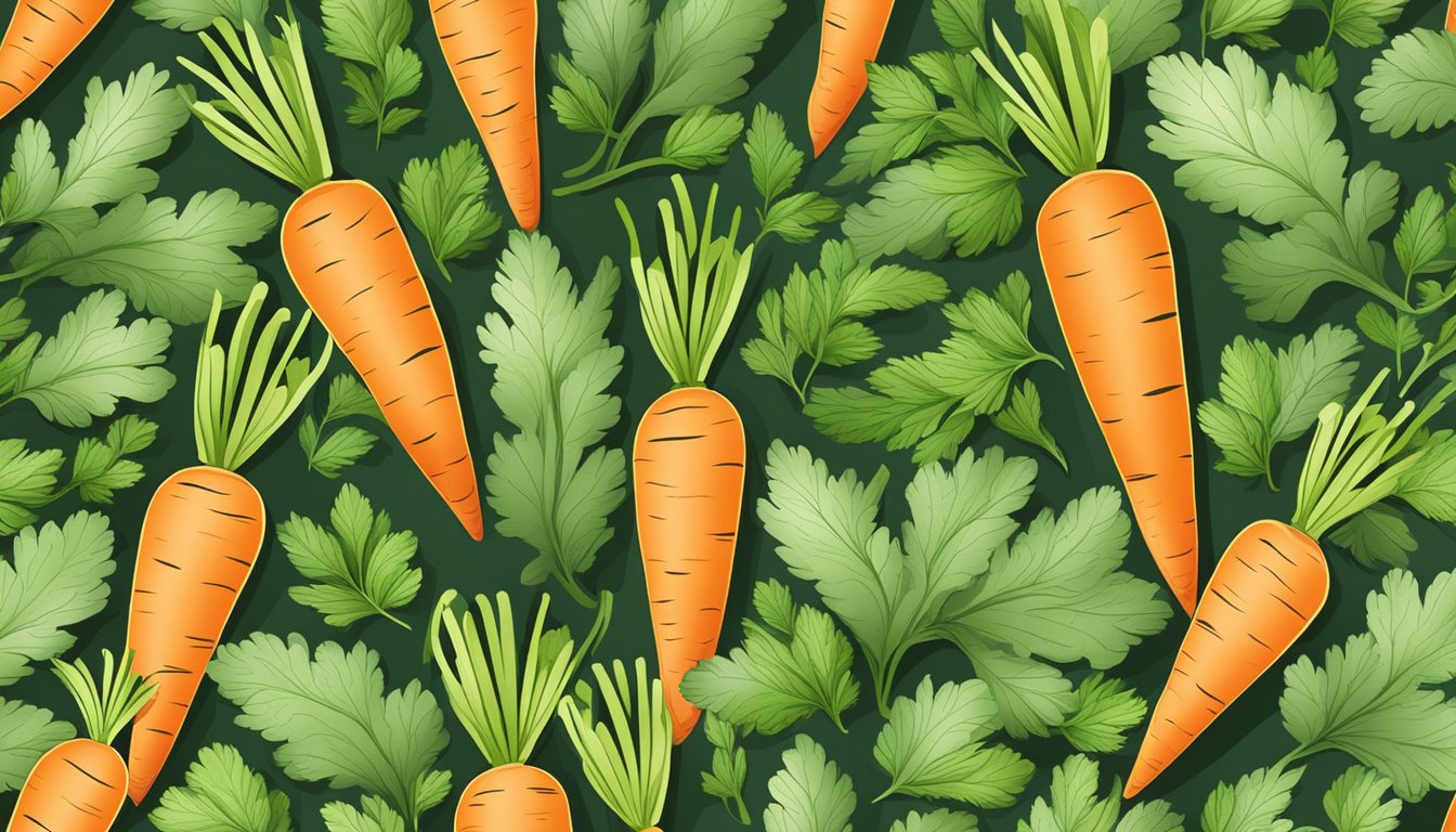 A field of carrots with varying shades of green leaves and unripe, pale orange carrots