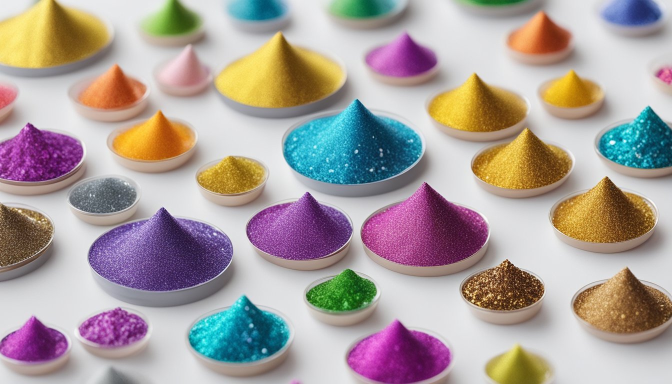 A colorful assortment of edible glitter in various shapes and sizes displayed on a clean, white surface