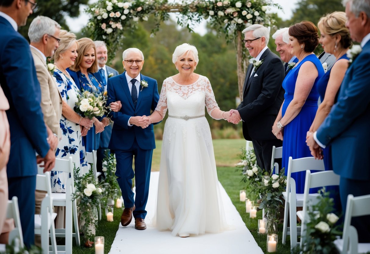 A 65-year-old woman walking down the aisle with a partner, surrounded by family and friends, exchanging wedding vows