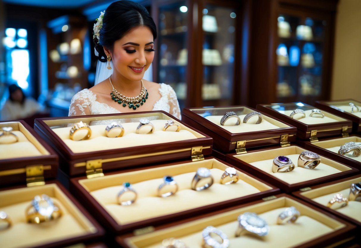 A bride admires wedding bands in a traditional jewelry store. Display cases showcase various styles and designs, reflecting cultural and historical significance
