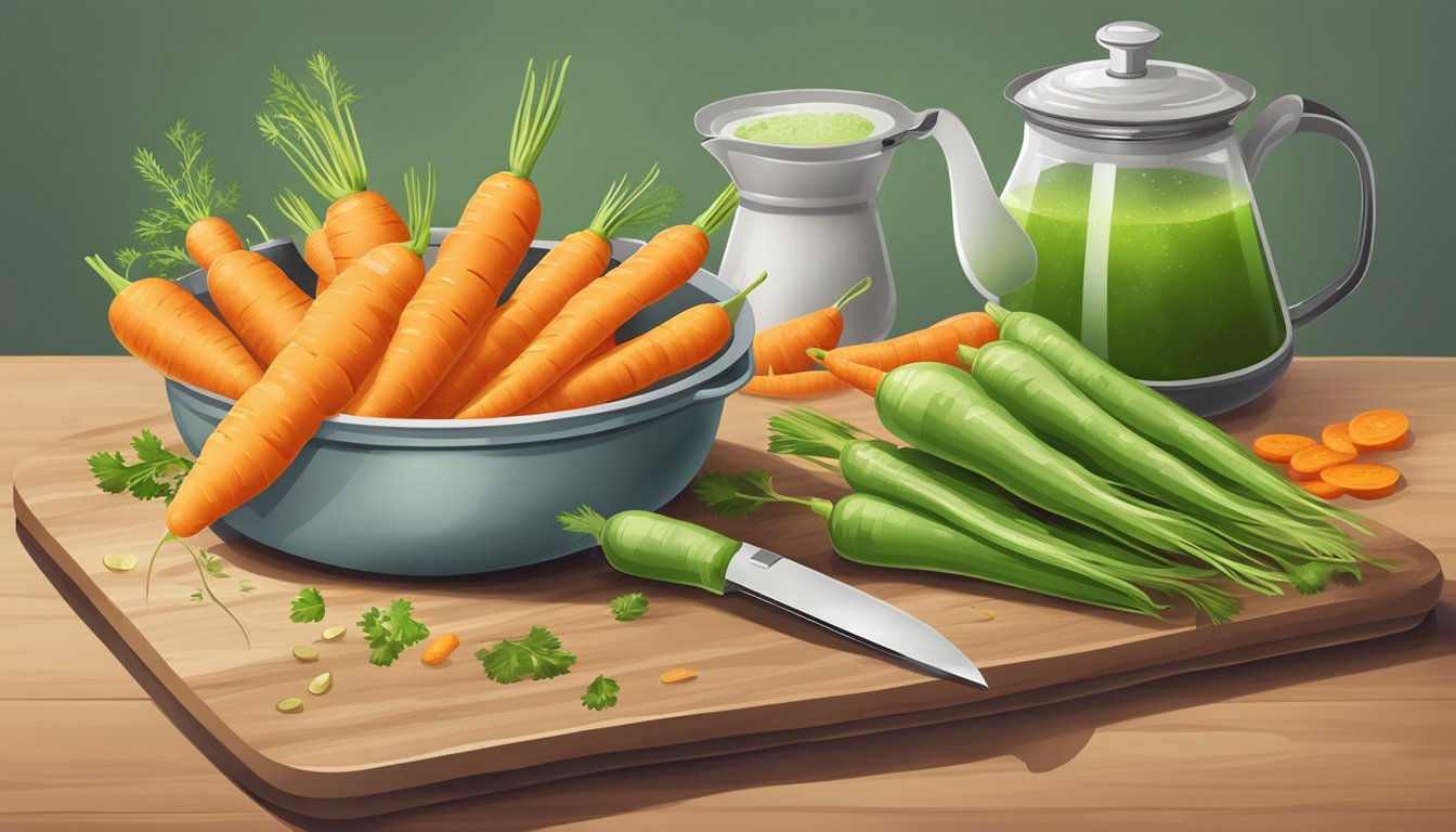 A pile of unripe carrots next to a chopping board with a knife, a pot of boiling water, and a steaming pot of soup