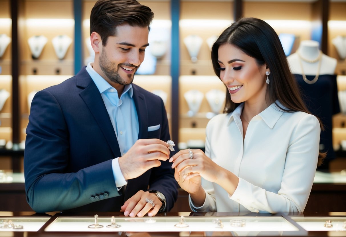 A couple browsing engagement rings at a jewelry store