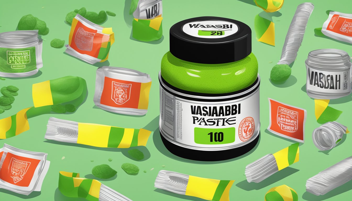 A jar of expired wasabi paste with a prominent expiration date, surrounded by warning signs and caution tape