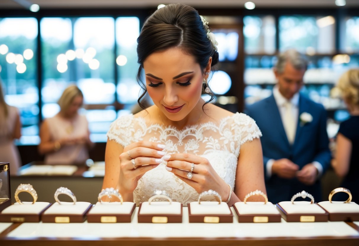 A bride browsing through various wedding bands at a jewelry store, carefully examining each one with a thoughtful expression