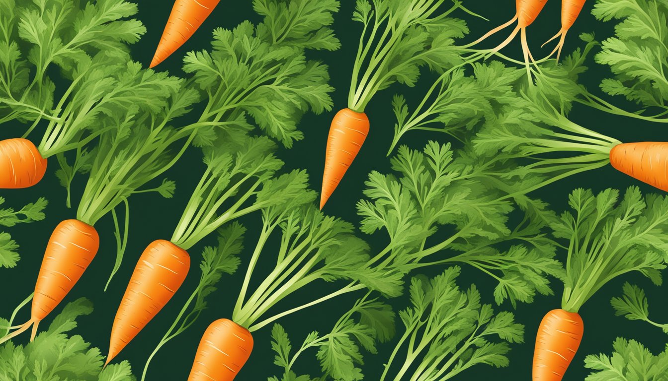 A close-up of a freshly harvested carrot with its roots and vibrant green tops, showcasing the contrast between the two parts