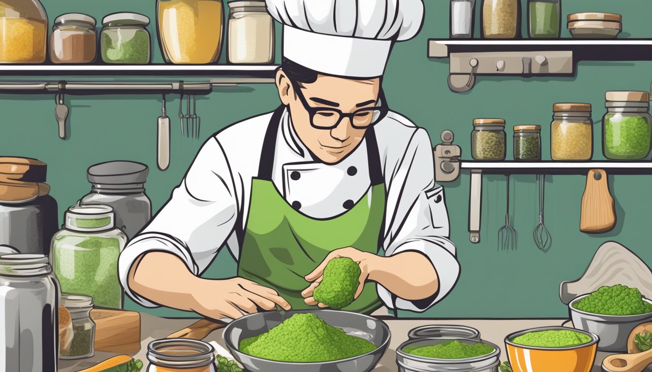 A chef hesitantly examines an expired wasabi paste jar, surrounded by various culinary tools and ingredients