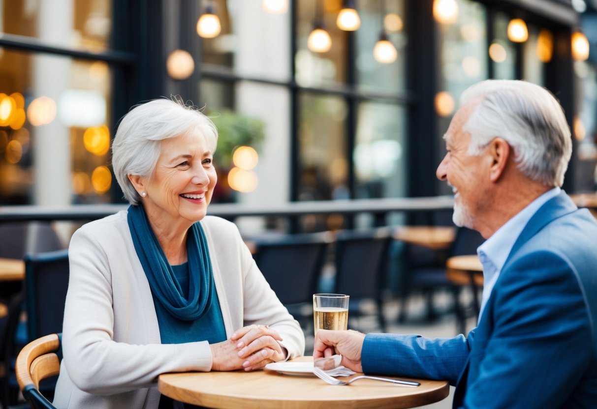 A 65-year-old woman sitting at a cafe table, smiling across at a man of a similar age. They are engaged in conversation, both looking relaxed and happy
