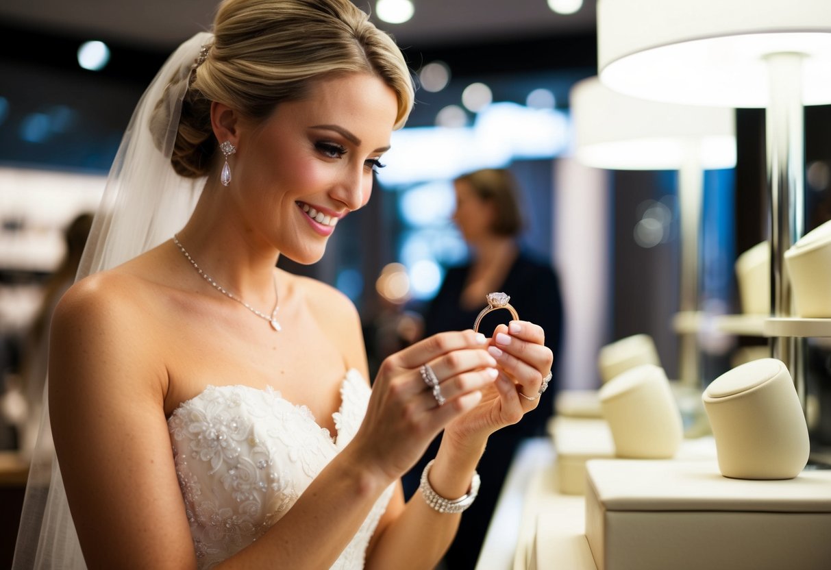 A bride browsing wedding bands in a jewelry store, holding a ring up to the light