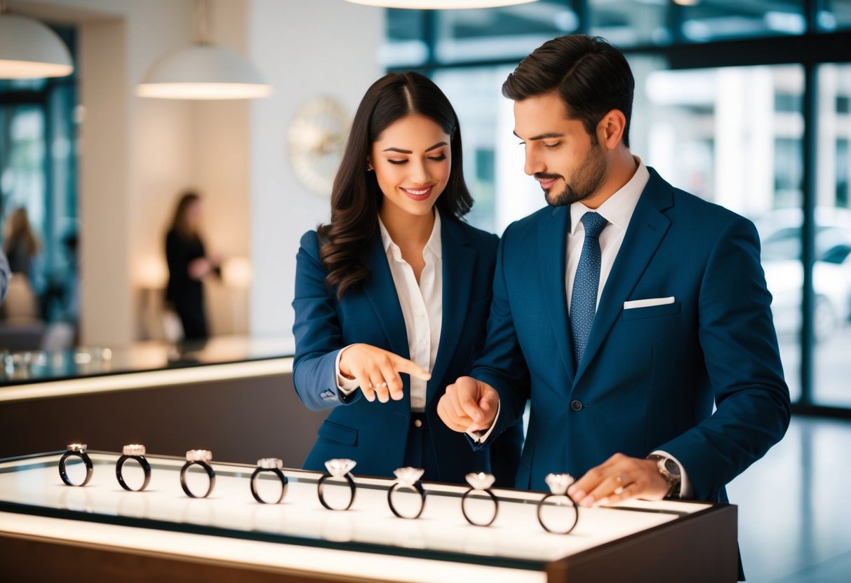 A couple browsing through a display of engagement rings, pointing and discussing their preferences with a salesperson