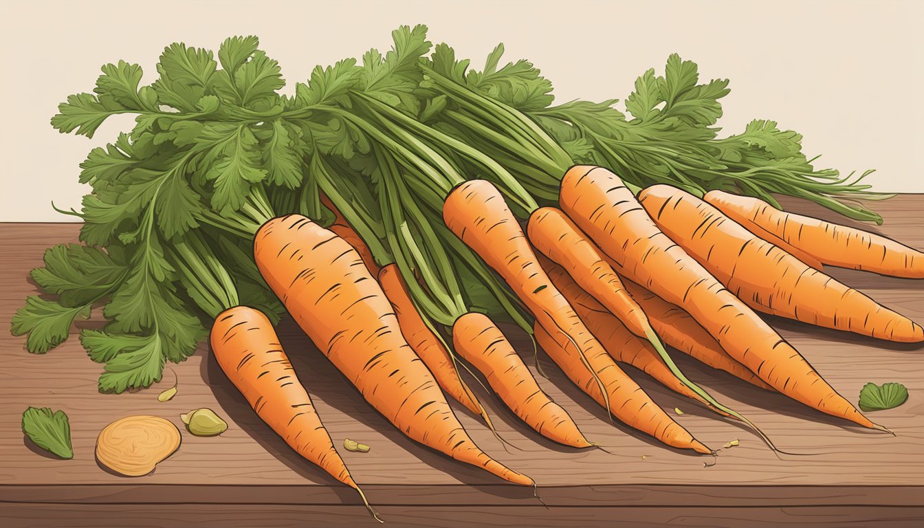 A pile of unripe carrots, some with green tops, sit on a wooden cutting board next to a knife and a pile of discarded carrot peels